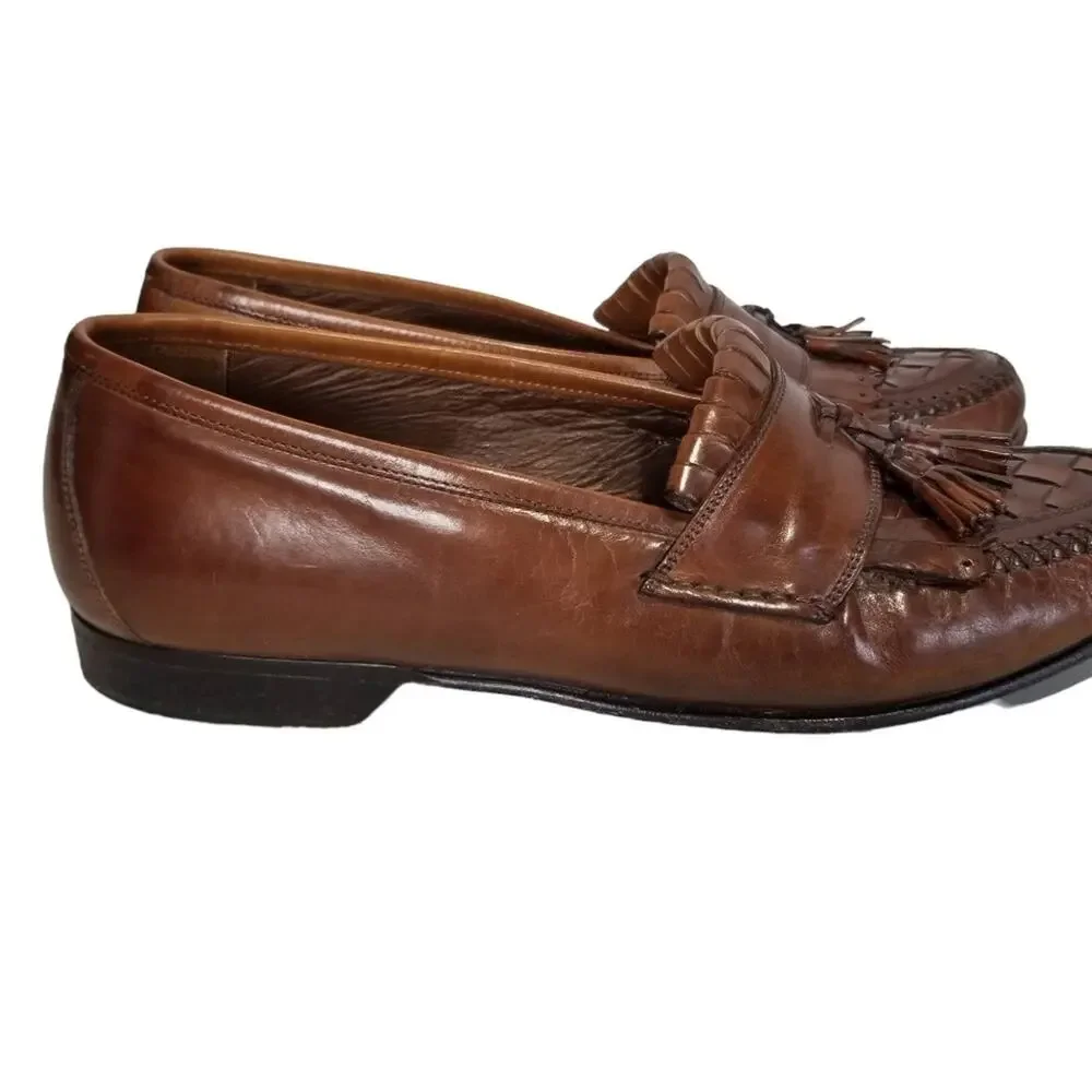 Johnston & Murphy Shoes 9.5 Loafer Double Woven Tassel Dress Mahogany Fringe